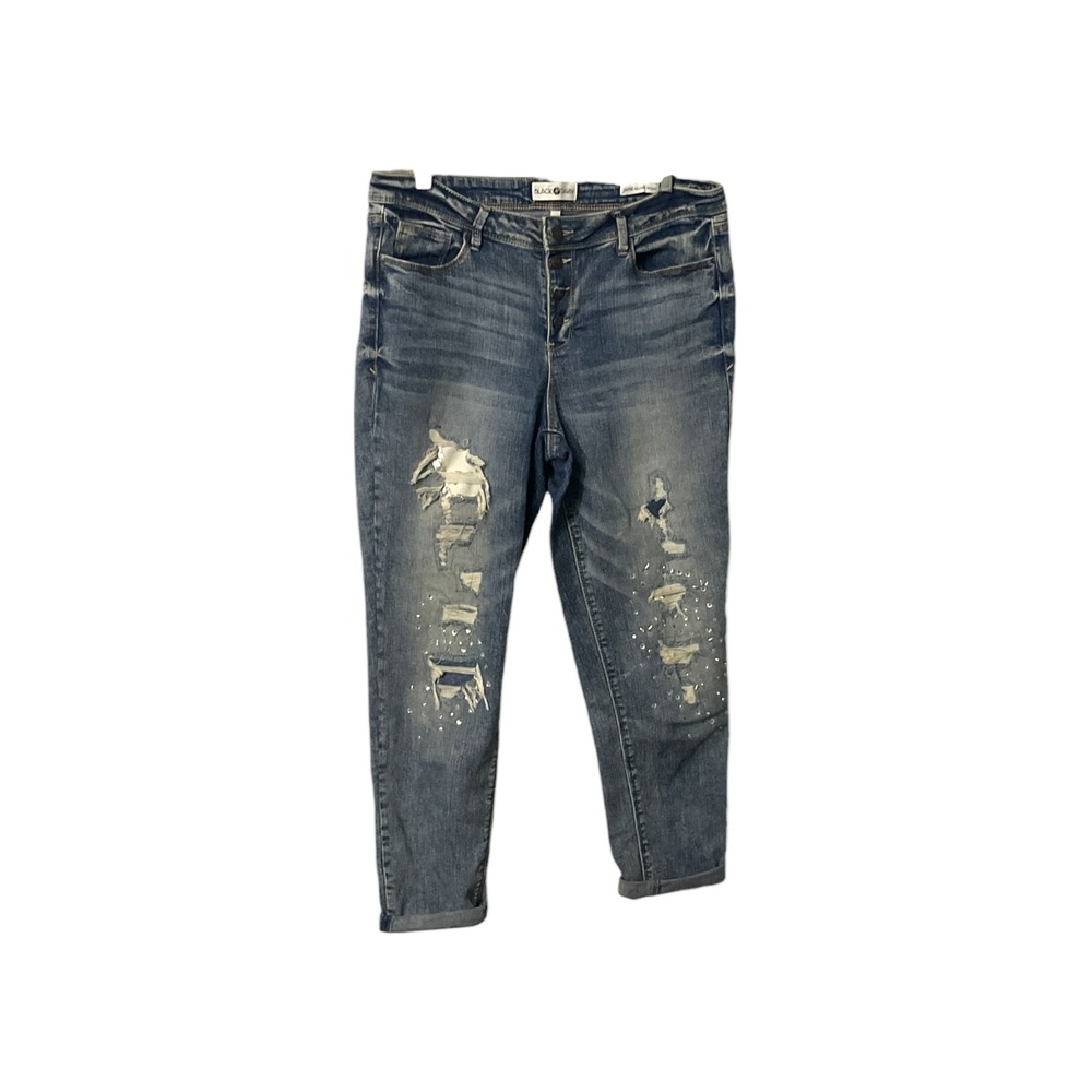 Black Daisy Relaxed Skinny‎ Jeans Women's Distressed Paint Splatter Button Fly - Picture 2 of 6